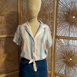Retro Top 90s Style Button Small Stripe Cottage Vtg Knot Yellow NEW Vylette